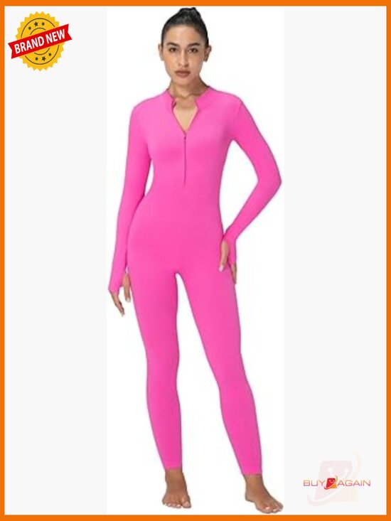 Pants - Long Sleeve Zip Front Jumpsuit - Ribbed Yoga Workout Bodycon with Thumbholes